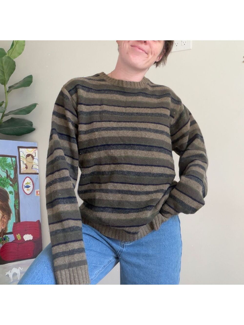 Vintage grandpa sweater Old Navy olive striped sweater